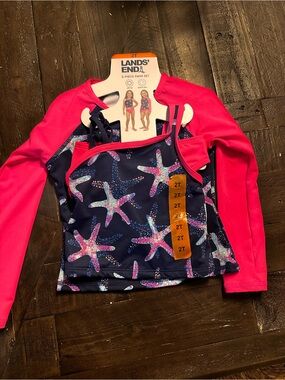 Lands' End Girls' Navy & Bright Pink Starfish Rash Guard Set
